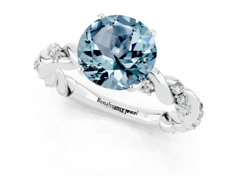 White gold Round Cut Aquamarine Solitaire Ring with Twisted Band and Pavé Accents_1