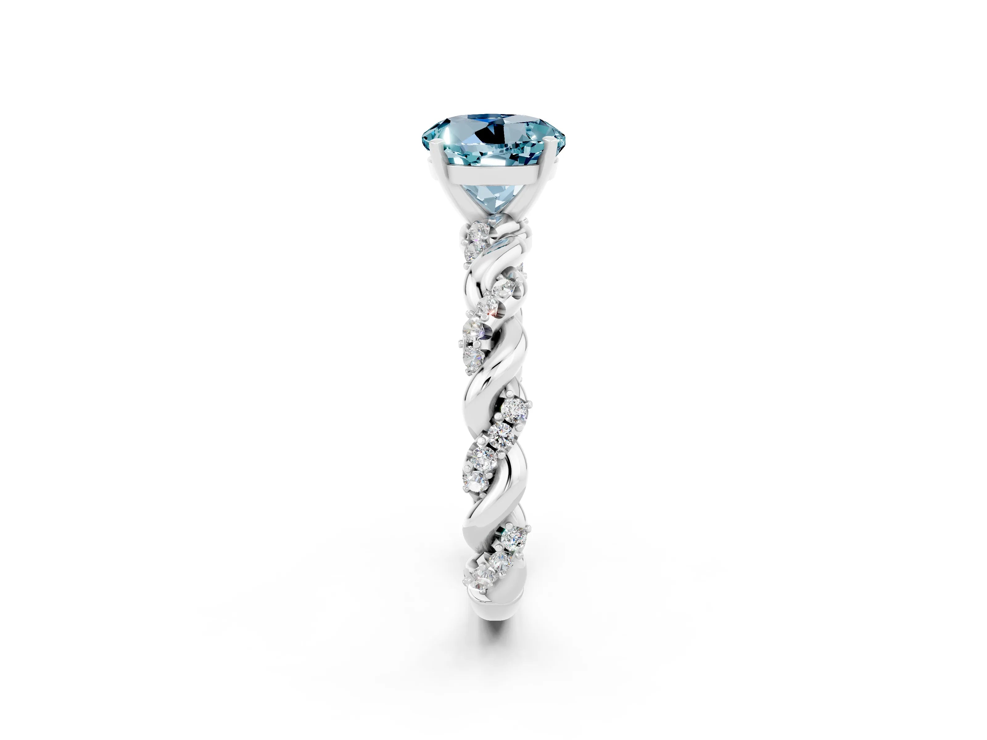 White gold Round Cut Aquamarine Solitaire Ring with Twisted Band and Pavé Accents_2