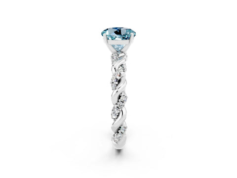 White gold Round Cut Aquamarine Solitaire Ring with Twisted Band and Pavé Accents_2