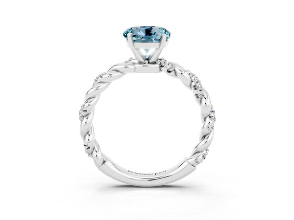 Platinum Round Cut Aquamarine Solitaire Ring with Twisted Band and Pavé Accents