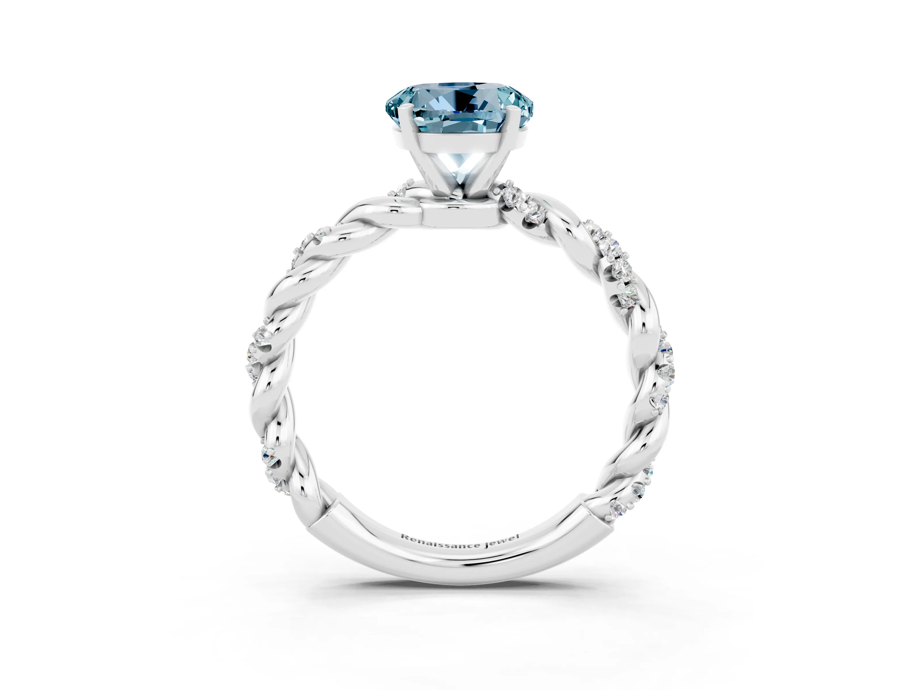 White gold Round Cut Aquamarine Solitaire Ring with Twisted Band and Pavé Accents_3