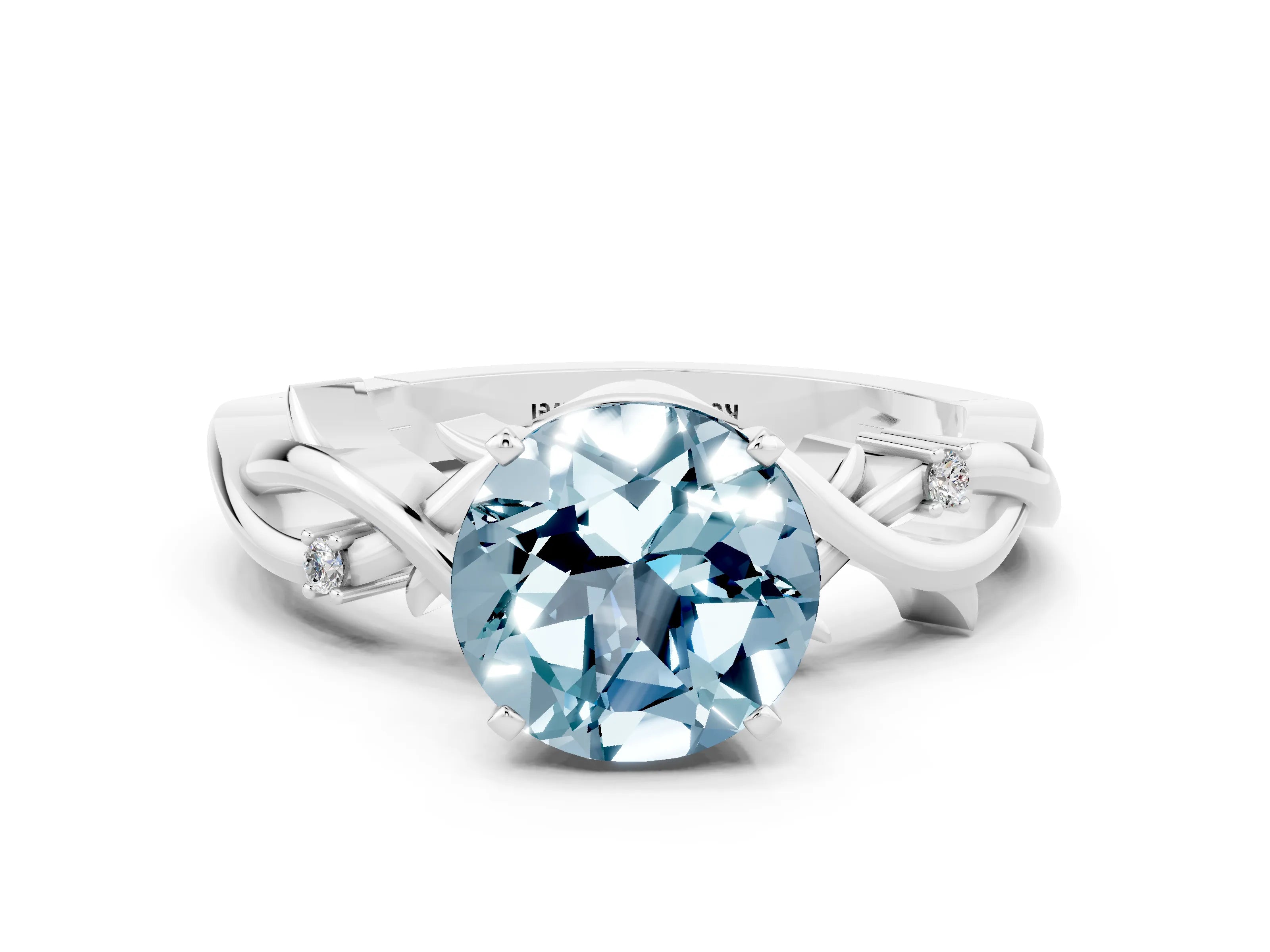 White gold Round Cut Aquamarine Solitaire Ring with Twisted Band and Prong Setting