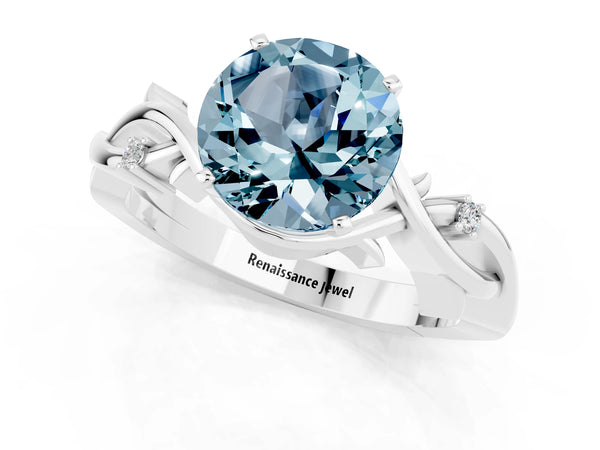 White gold Round Cut Aquamarine Solitaire Ring with Twisted Band and Prong Setting