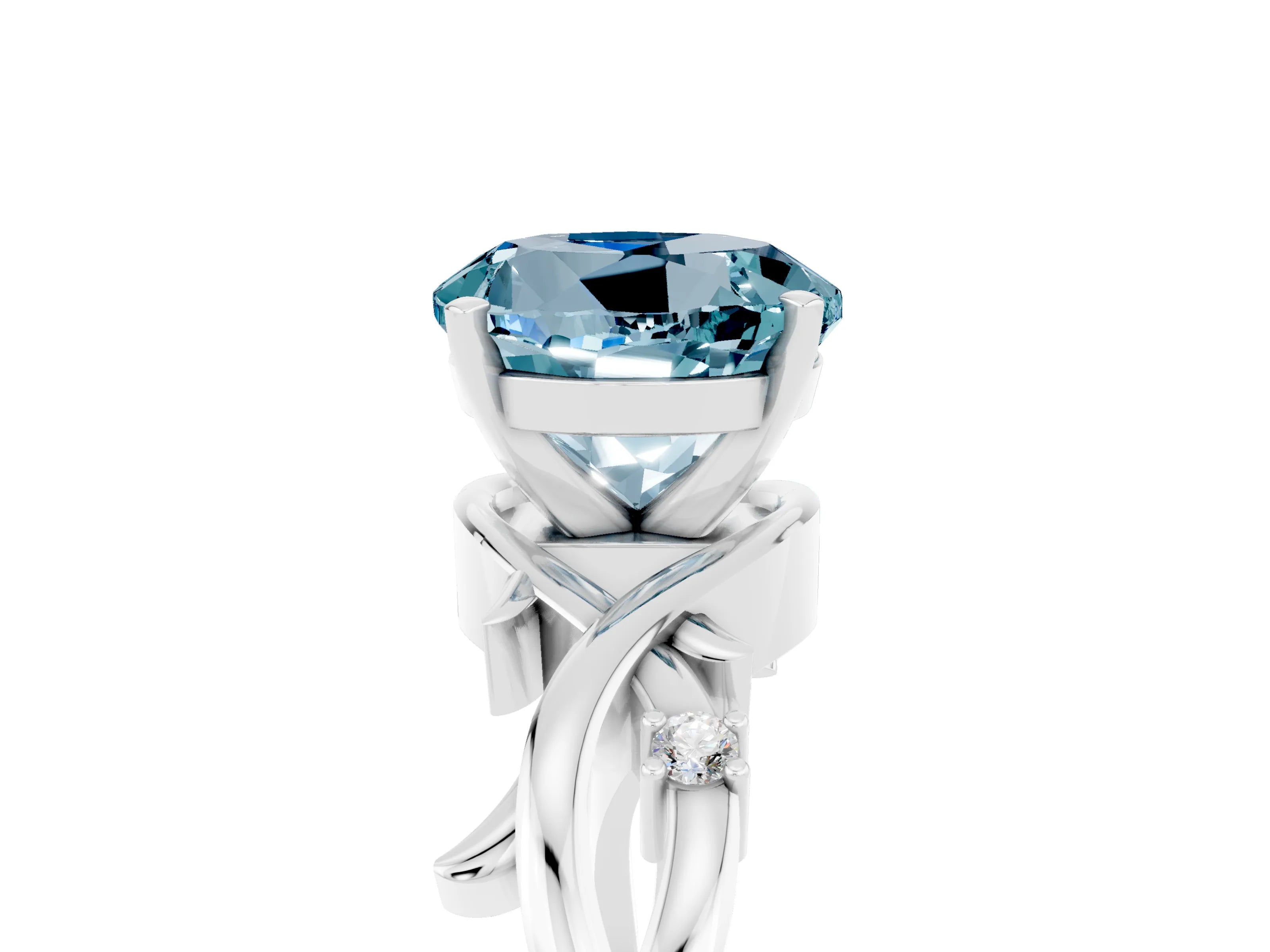 White gold Round Cut Aquamarine Solitaire Ring with Twisted Band and Prong Setting_17