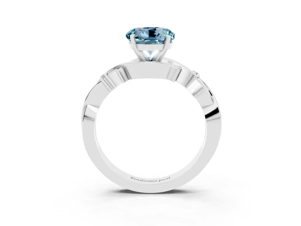 Platinum Round Cut Aquamarine Solitaire Ring with Twisted Band and Prong Setting