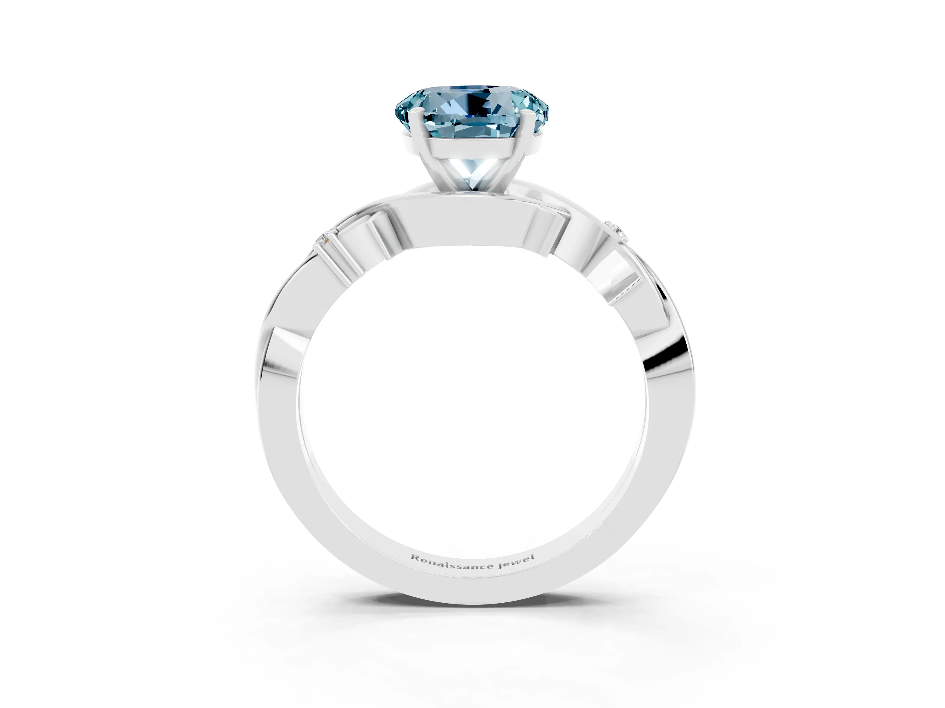 White gold Round Cut Aquamarine Solitaire Ring with Twisted Band and Prong Setting_3