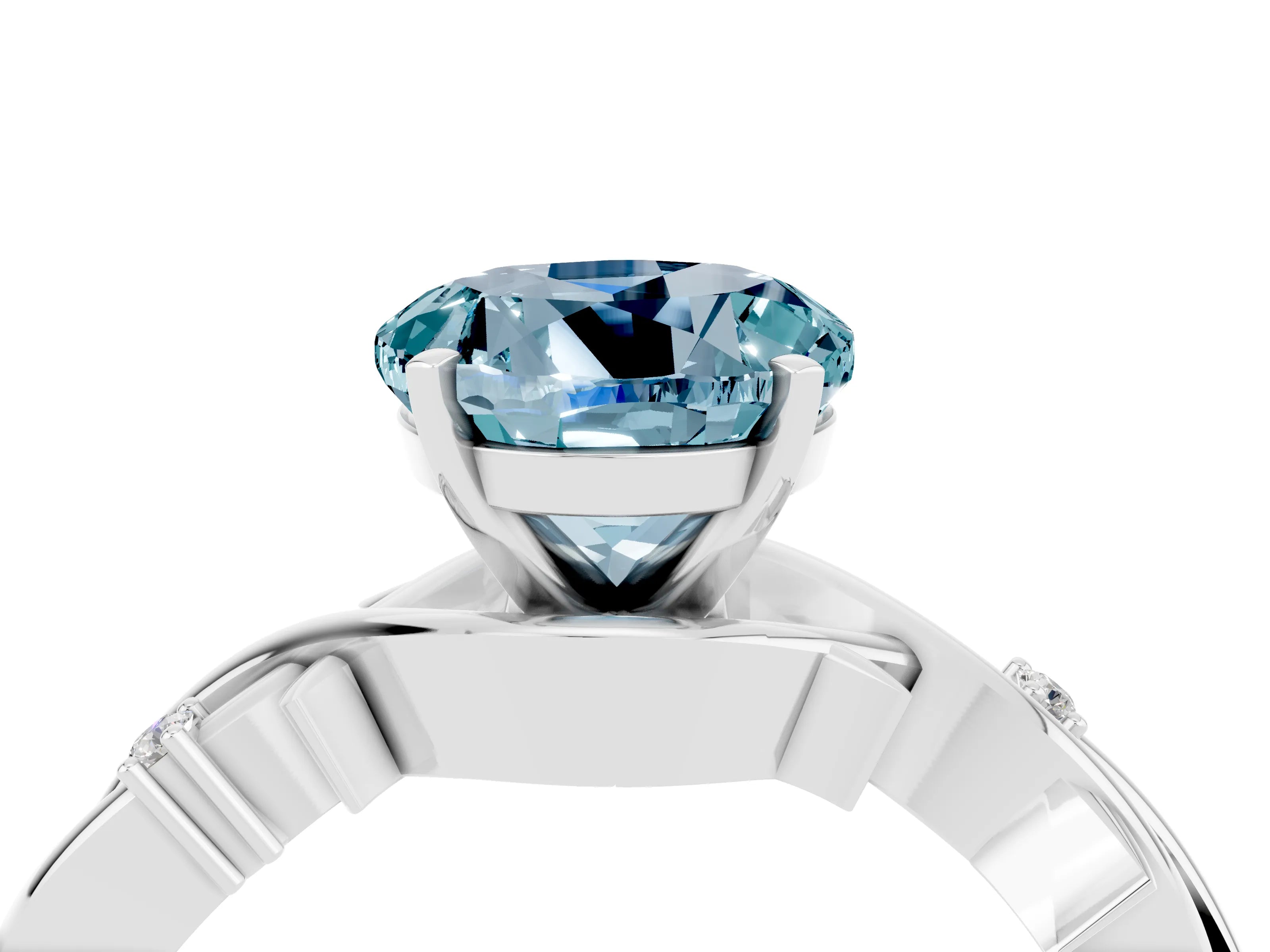 White gold Round Cut Aquamarine Solitaire Ring with Twisted Band and Prong Setting_4
