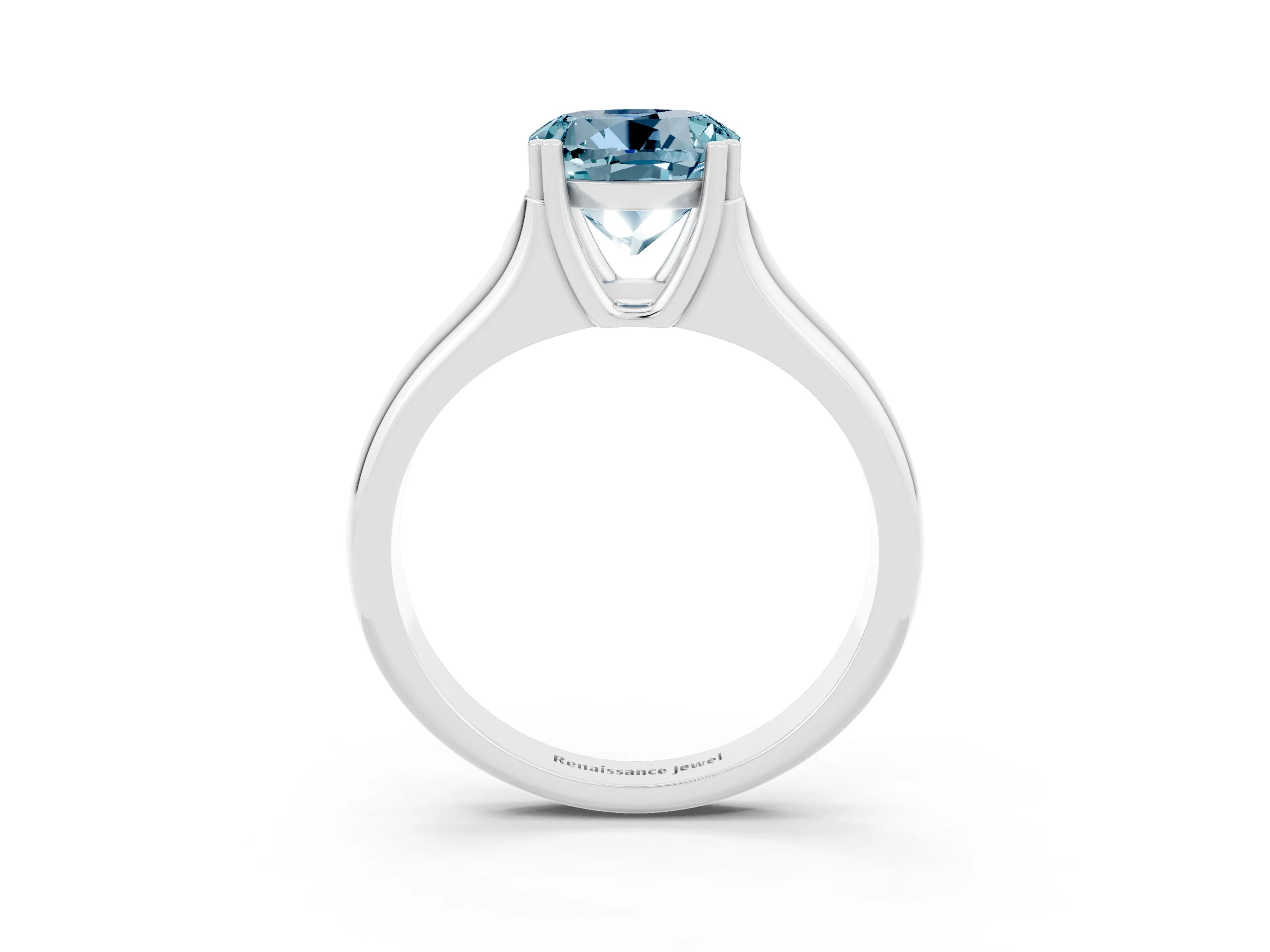 White gold Round Cut Aquamarine Solitaire Ring with Wide Band and Prong Setting_3