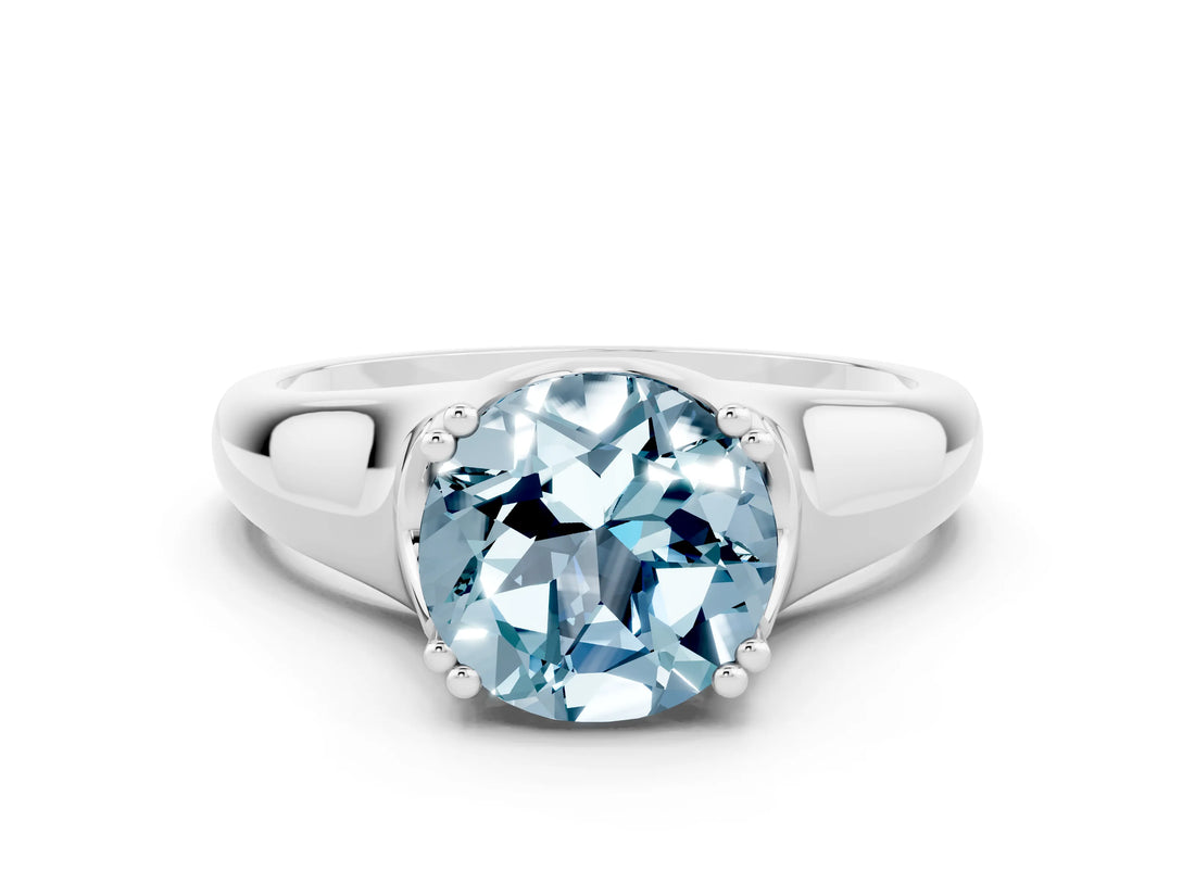 White gold Round Cut Aquamarine Solitaire Ring with Wide Band and Prong Setting