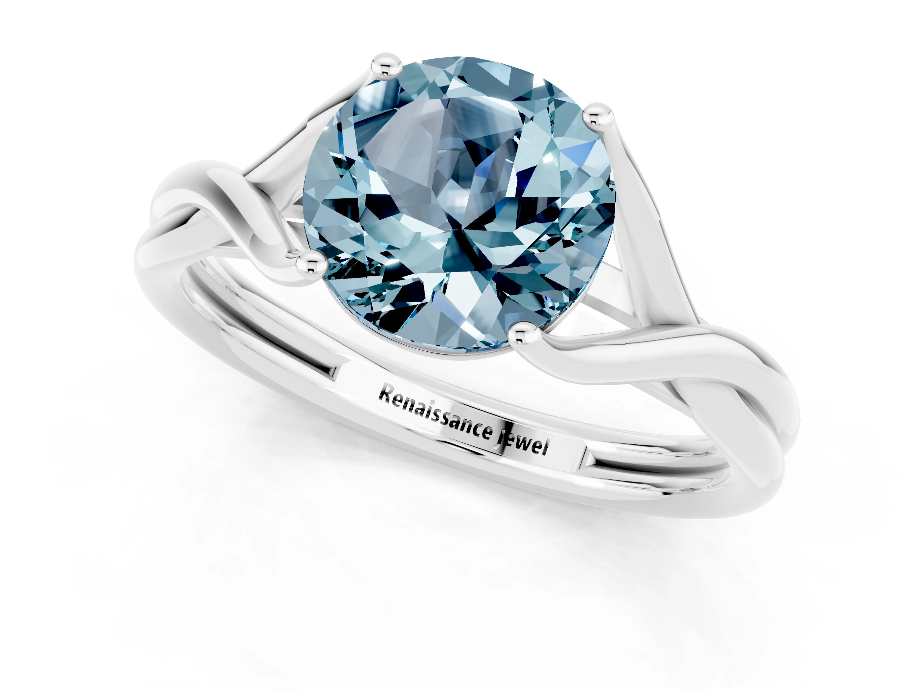 White gold Round Cut Aquamarine Solitaire Twist Band Prong Setting Ring_37