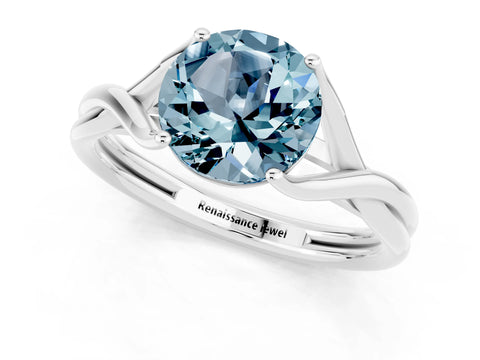 White gold Round Cut Aquamarine Solitaire Twist Band Prong Setting Ring_37