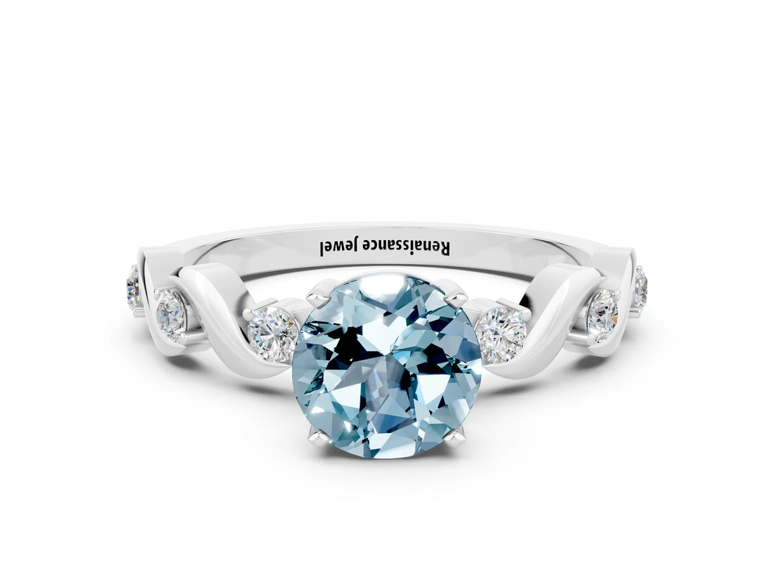 White gold Round Cut Aquamarine Solitaire Twisted Band with Round  Accents and Prong Setting_12