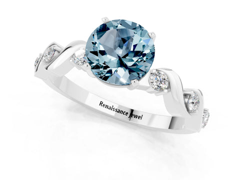White gold Round Cut Aquamarine Solitaire Twisted Band with Round  Accents and Prong Setting_13