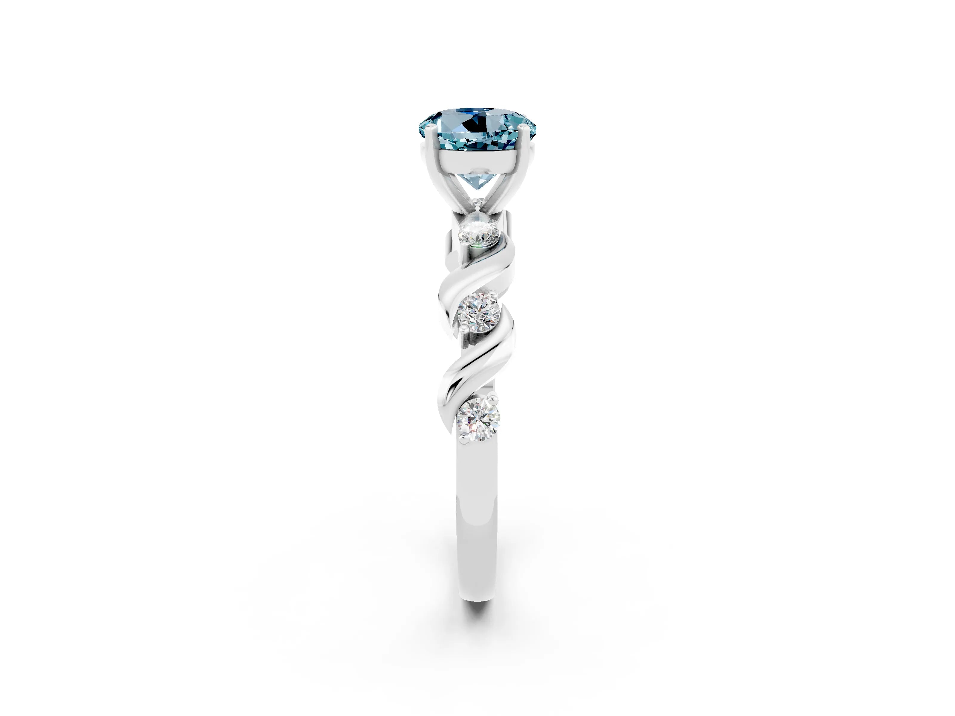 White gold Round Cut Aquamarine Solitaire Twisted Band with Round  Accents and Prong Setting_14