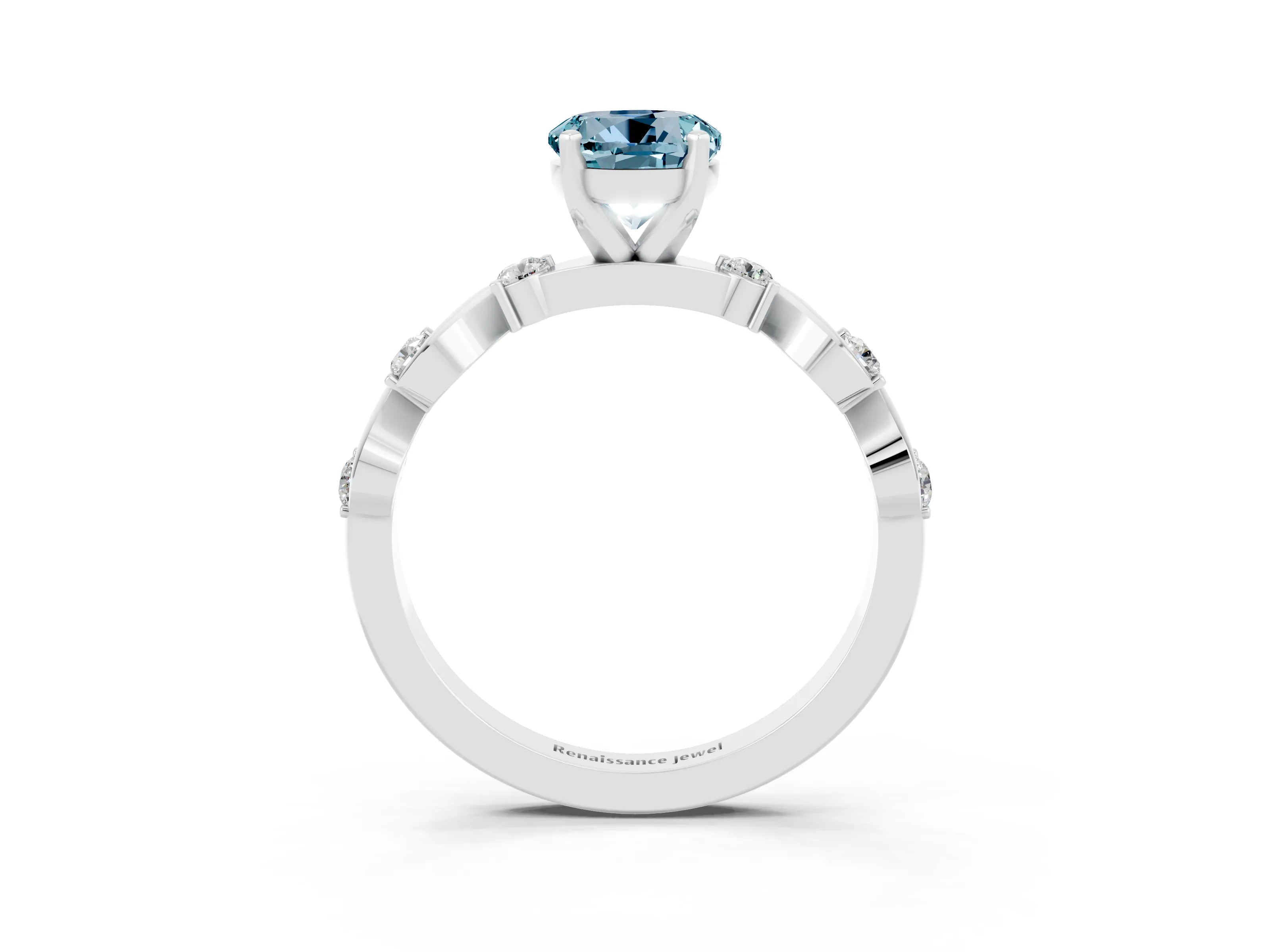 White gold Round Cut Aquamarine Solitaire Twisted Band with Round  Accents and Prong Setting_15