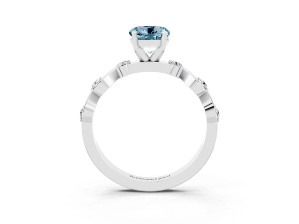 Silver Round Cut Aquamarine Solitaire Twisted Band with Round  Accents and Prong Setting