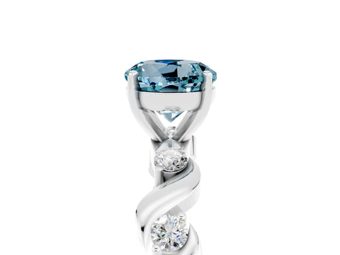 White gold Round Cut Aquamarine Solitaire Twisted Band with Round  Accents and Prong Setting_17