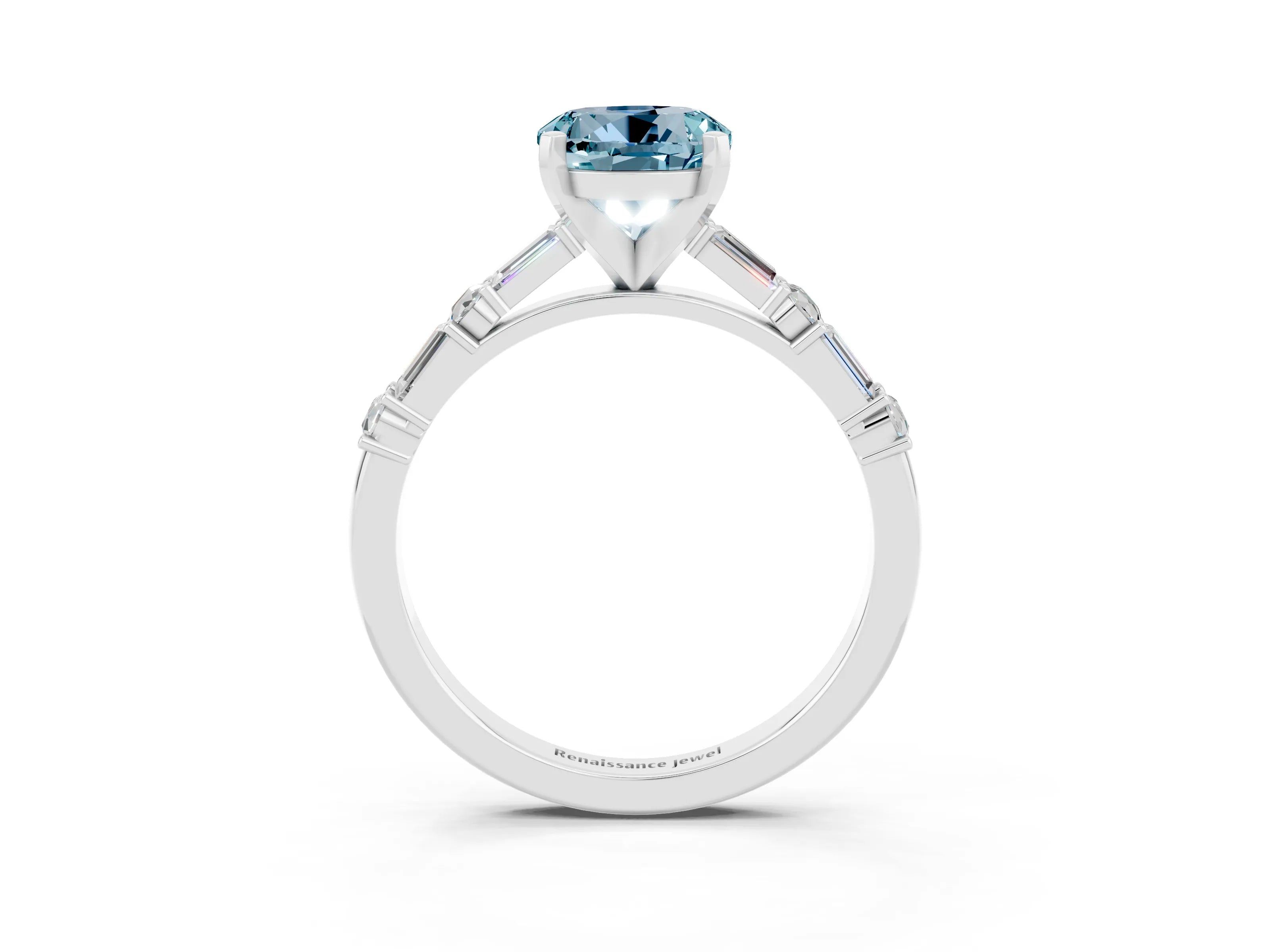 White gold Round Cut Aquamarine Solitaire with Side Baguettes and Channel Set Band_3