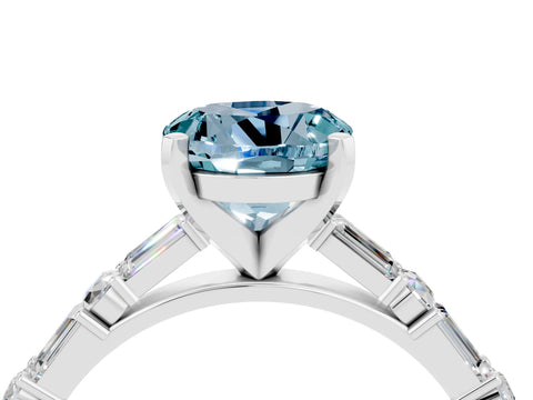 White gold Round Cut Aquamarine Solitaire with Side Baguettes and Channel Set Band_4