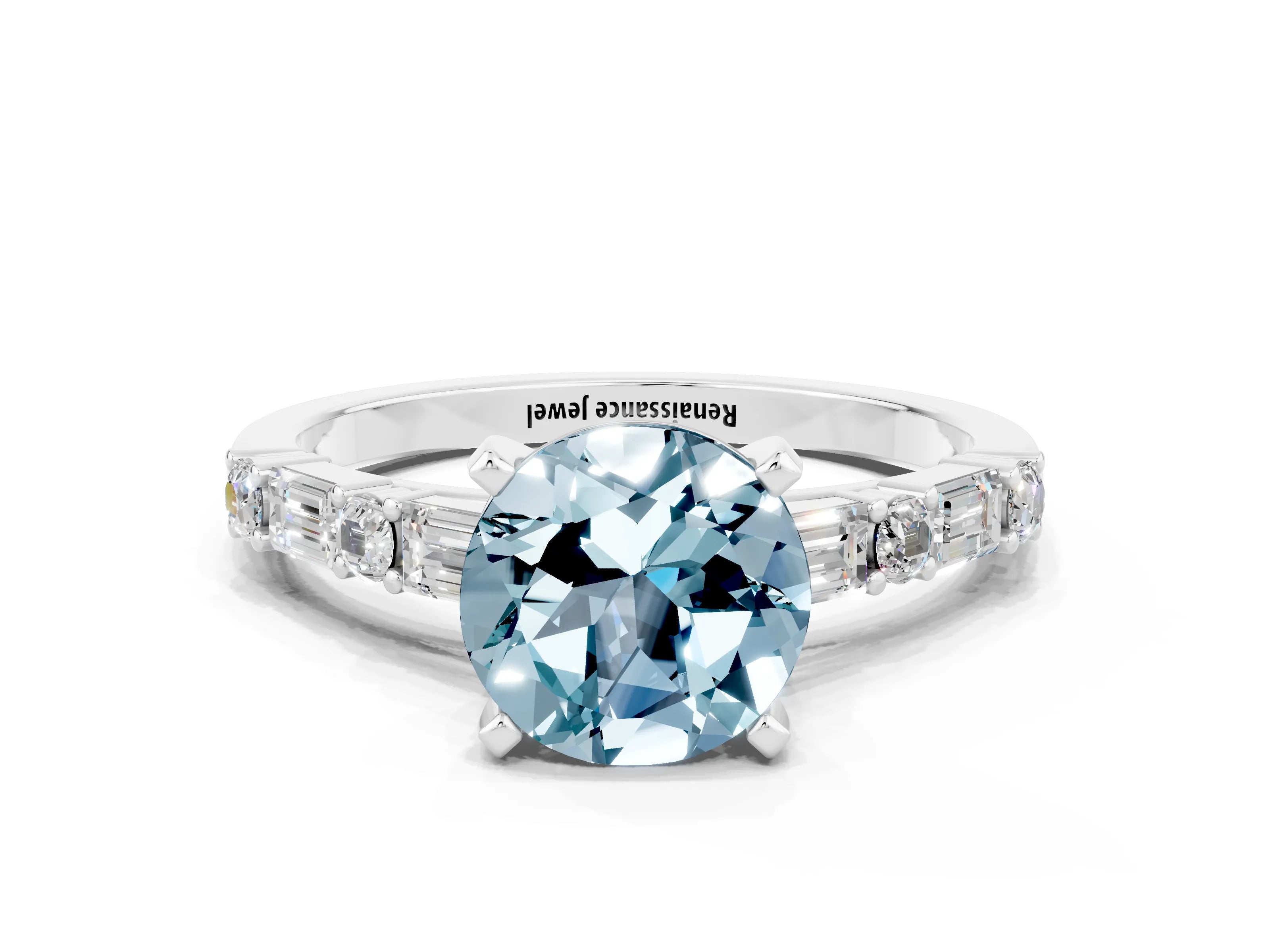 White gold Round Cut Aquamarine Solitaire with Side Baguettes and Channel Set Band