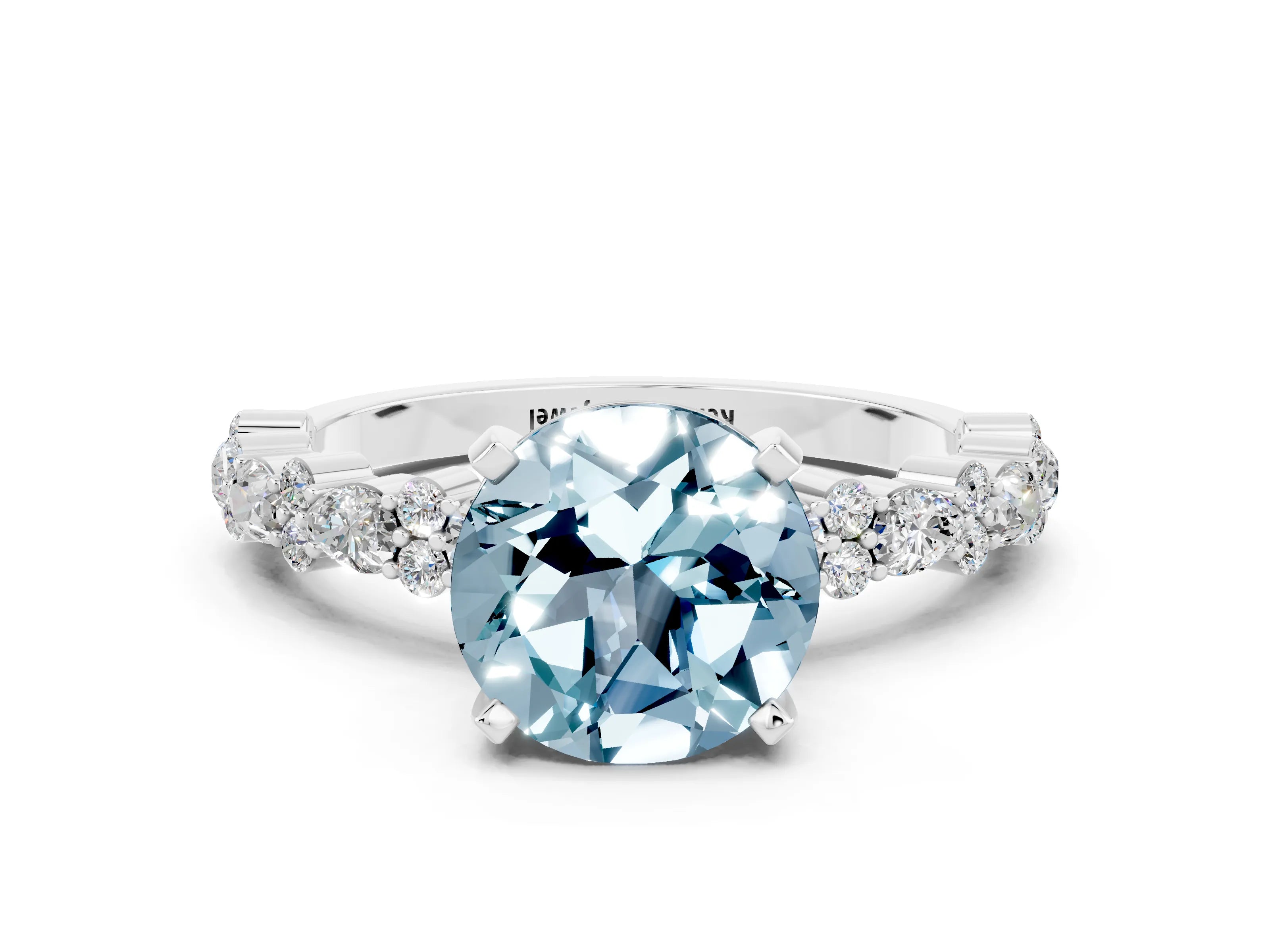 White gold Round Cut Aquamarine Solitaire with Side Stones, Pave Band, Four-Prong Setting_12