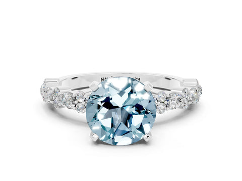 White gold Round Cut Aquamarine Solitaire with Side Stones, Pave Band, Four-Prong Setting_12