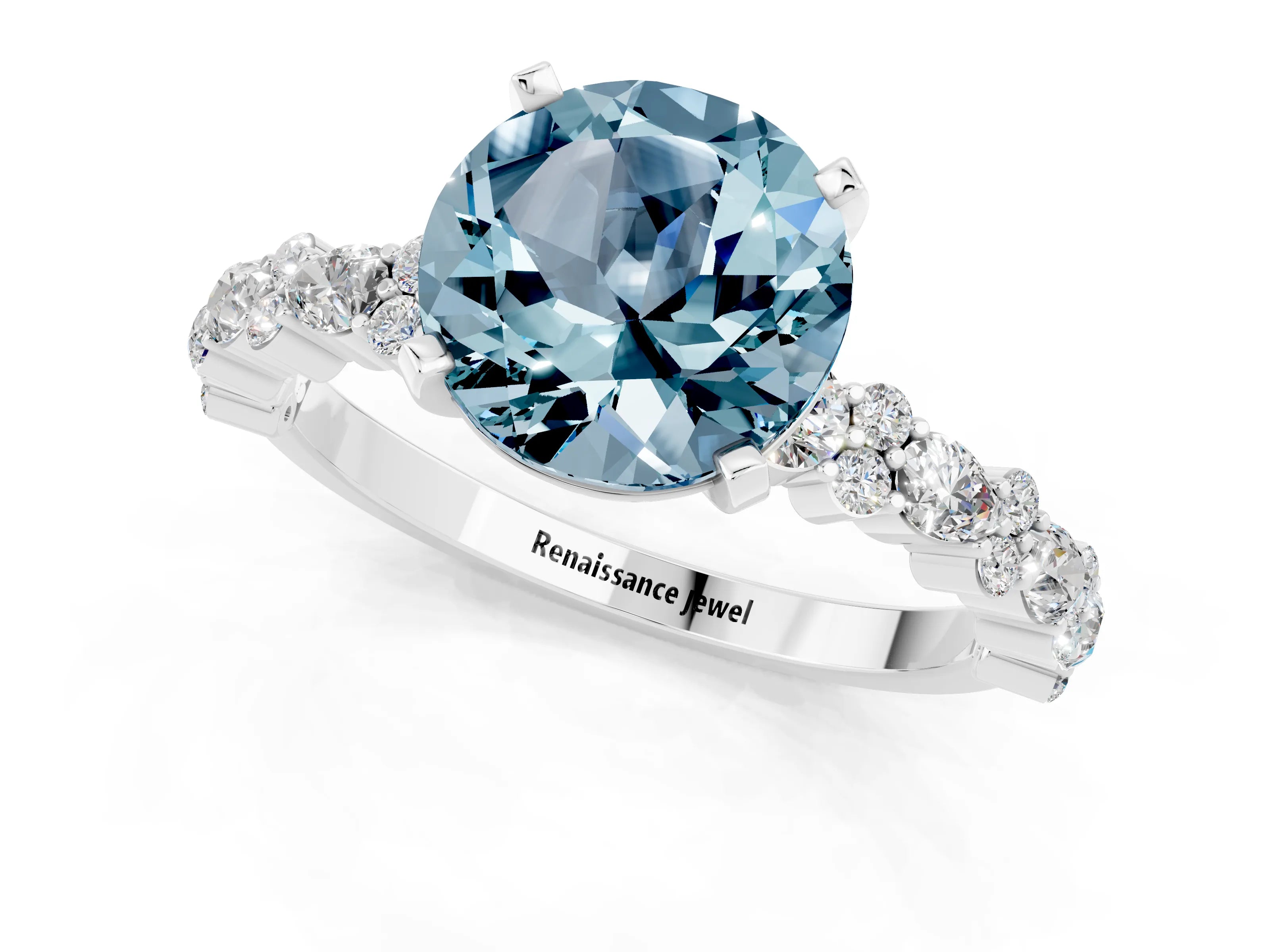 White gold Round Cut Aquamarine Solitaire with Side Stones, Pave Band, Four-Prong Setting_13