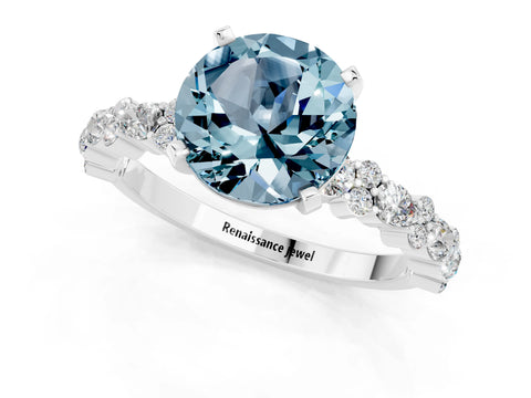 White gold Round Cut Aquamarine Solitaire with Side Stones, Pave Band, Four-Prong Setting_13