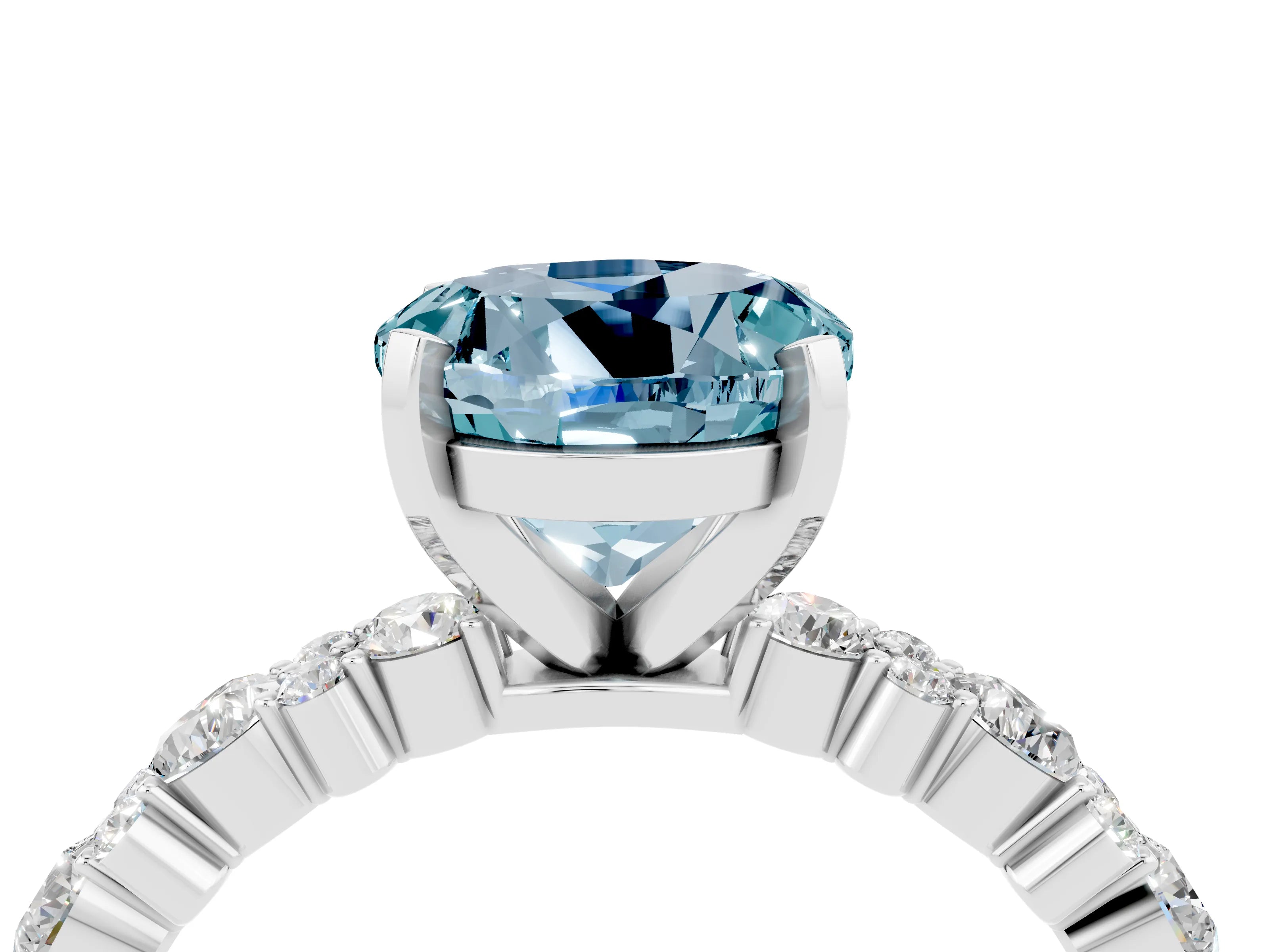 White gold Round Cut Aquamarine Solitaire with Side Stones, Pave Band, Four-Prong Setting_16