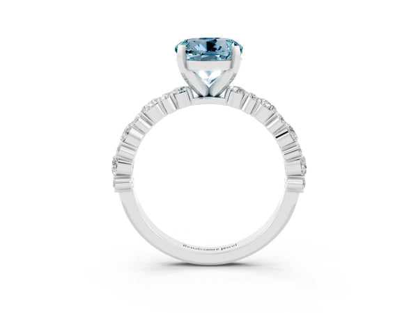 White gold Round Cut Aquamarine Side Stone Solitaire Ring with Round  and Four-Prong Setting