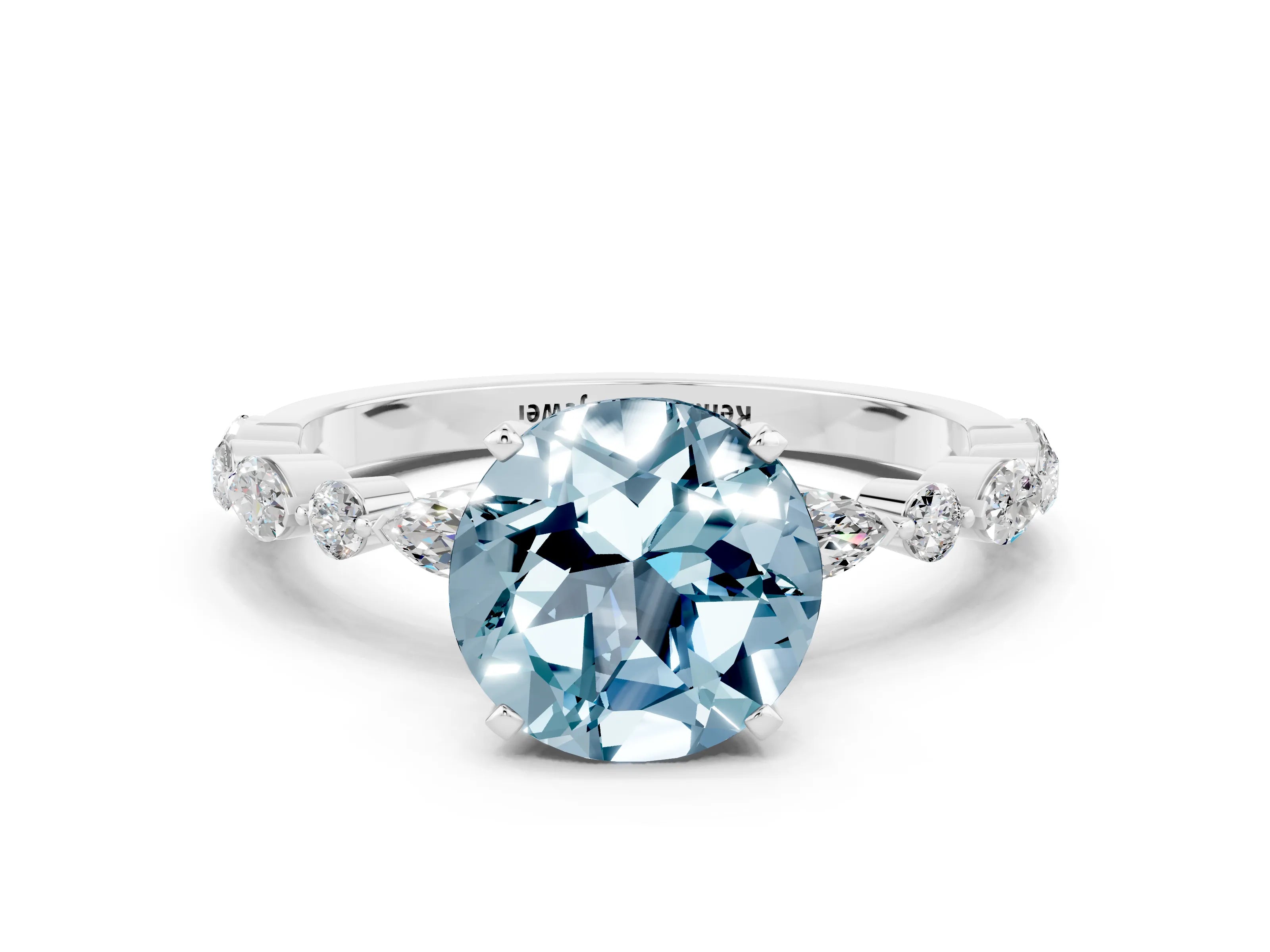 White gold Round Cut Aquamarine Solitaire with Side Stones on a Pavé Band and Four-Prong Setting
