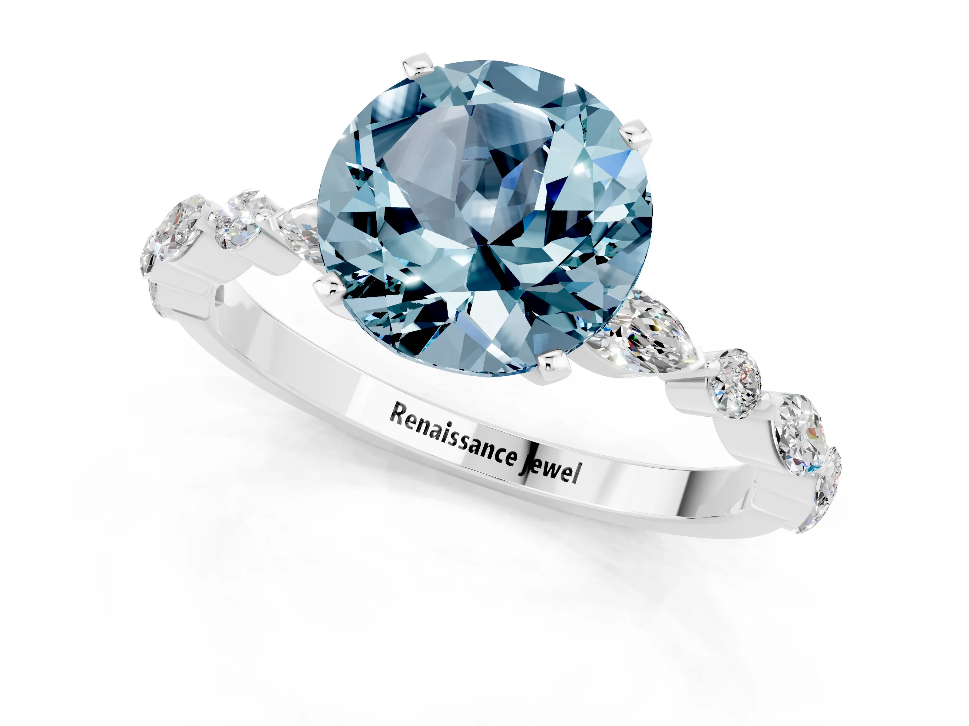 White gold Round Cut Aquamarine Solitaire with Side Stones on a Pavé Band and Four-Prong Setting_1