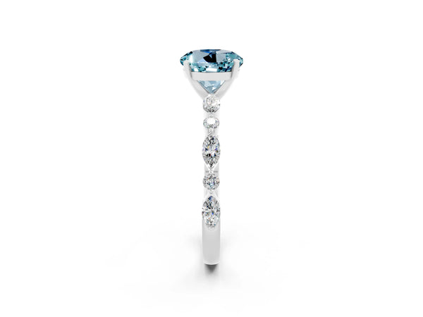 Platinum Round Cut Aquamarine Ring with Marquise and Round  Side Stones and Four-Prong Setting