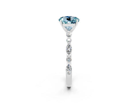 White gold Round Cut Aquamarine Solitaire with Side Stones on a Pavé Band and Four-Prong Setting_2