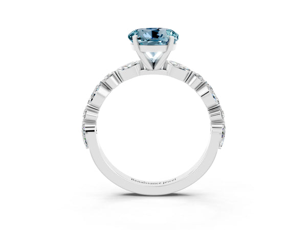 Platinum Round Cut Aquamarine Ring with Marquise and Round  Side Stones and Four-Prong Setting