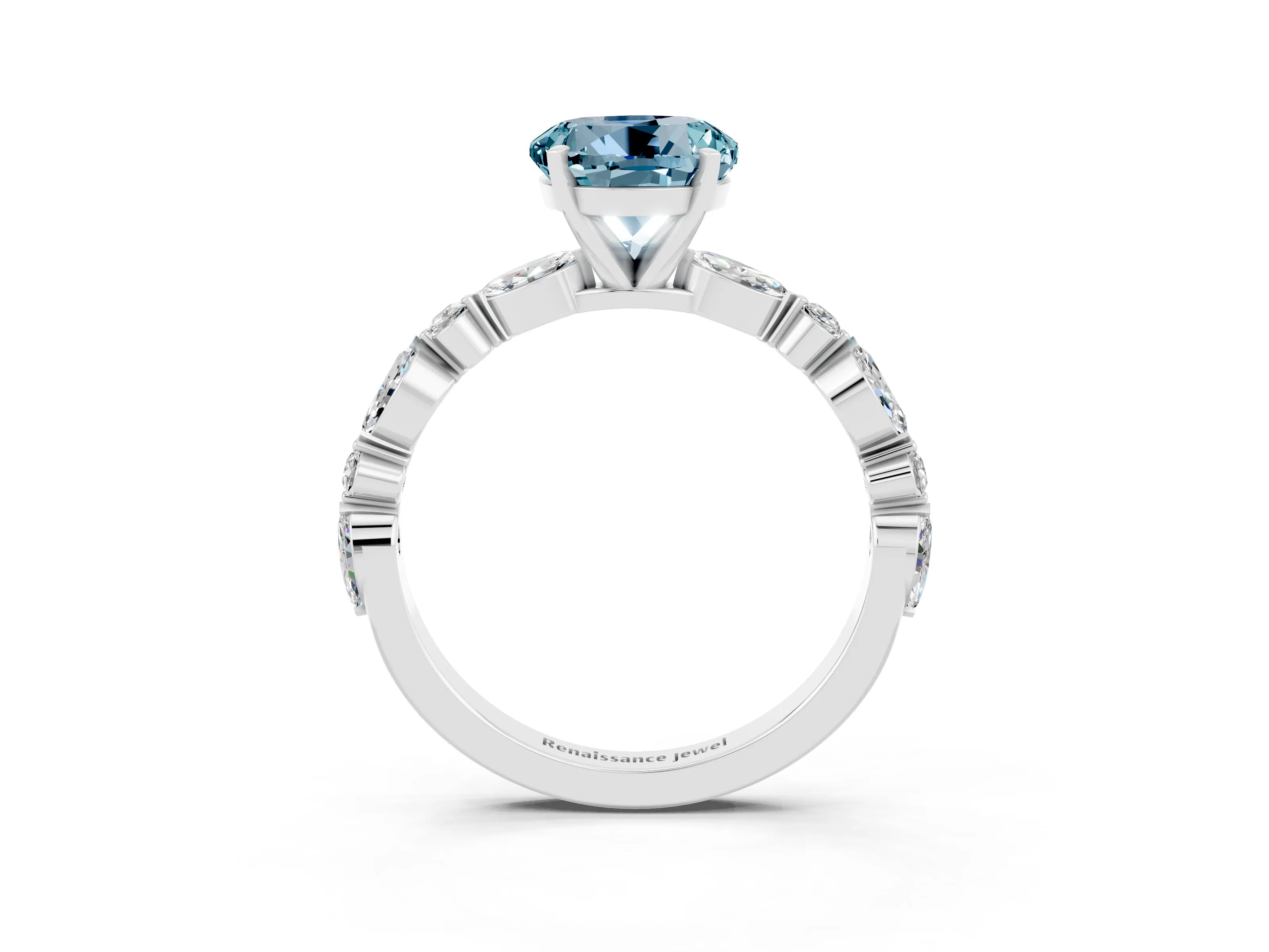 White gold Round Cut Aquamarine Solitaire with Side Stones on a Pavé Band and Four-Prong Setting_3