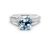 White gold Round Cut Aquamarine Split Shank Engagement Ring with Pavé Band