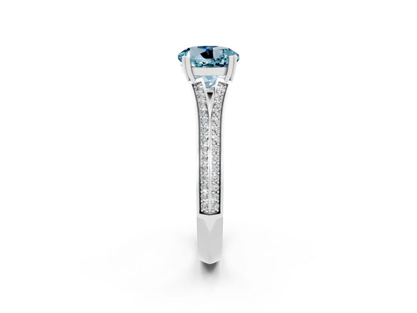 White gold Round Cut Aquamarine Split Shank Engagement Ring with Pavé Band
