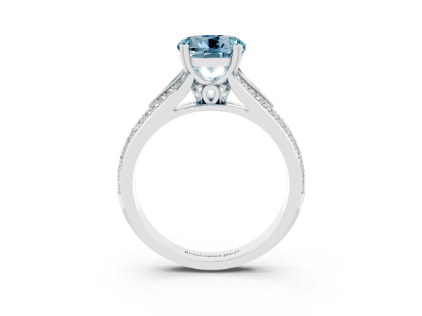 Silver Round Cut Aquamarine Split Shank Engagement Ring with Pavé Band
