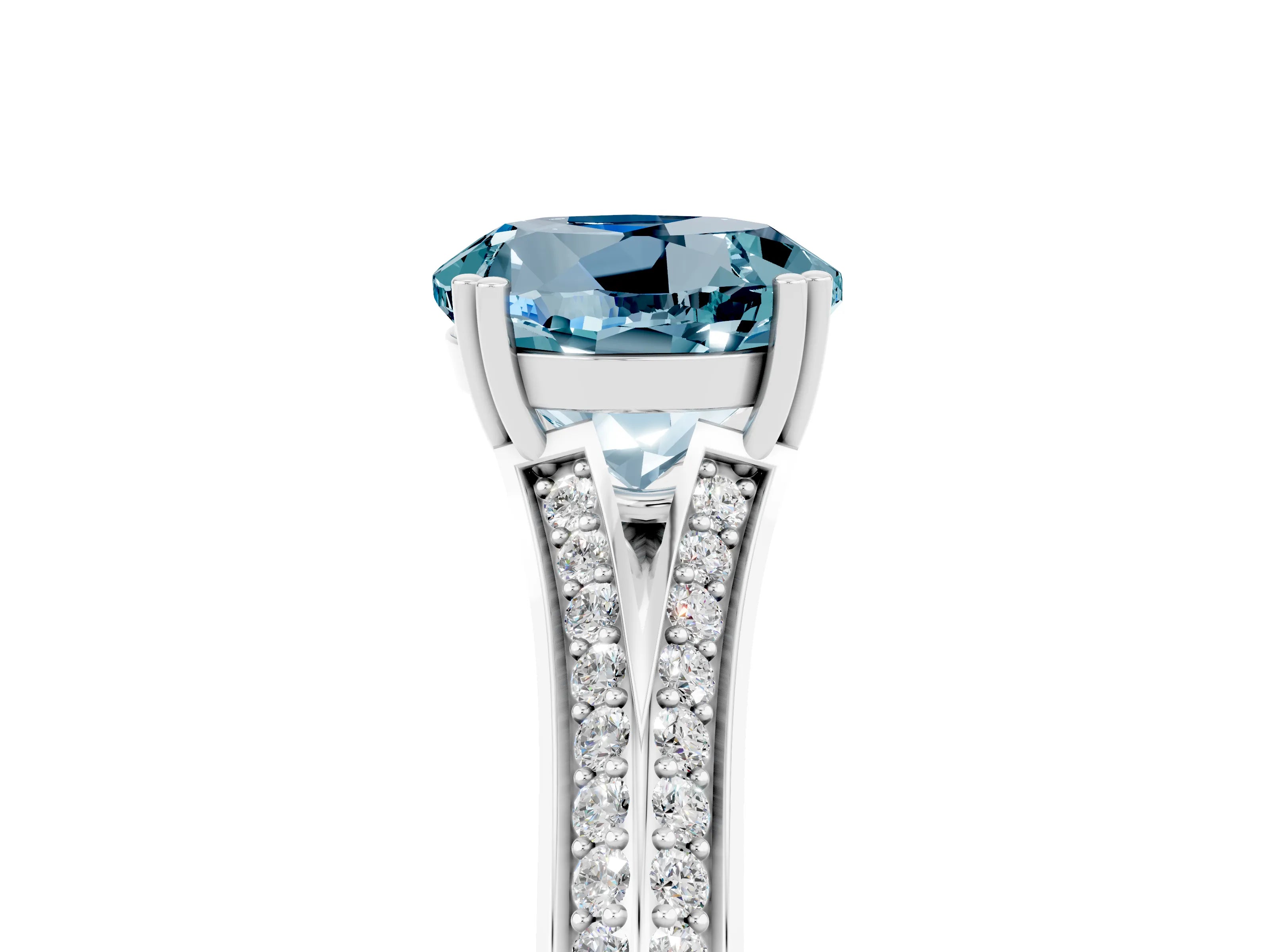 White gold Round Cut Aquamarine Split Shank Engagement Ring with Pavé Band_5