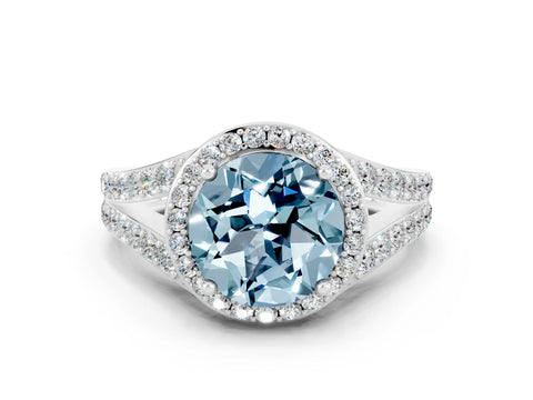 White gold Round Cut Aquamarine Split Shank Halo Ring with Four-Prong Setting_12