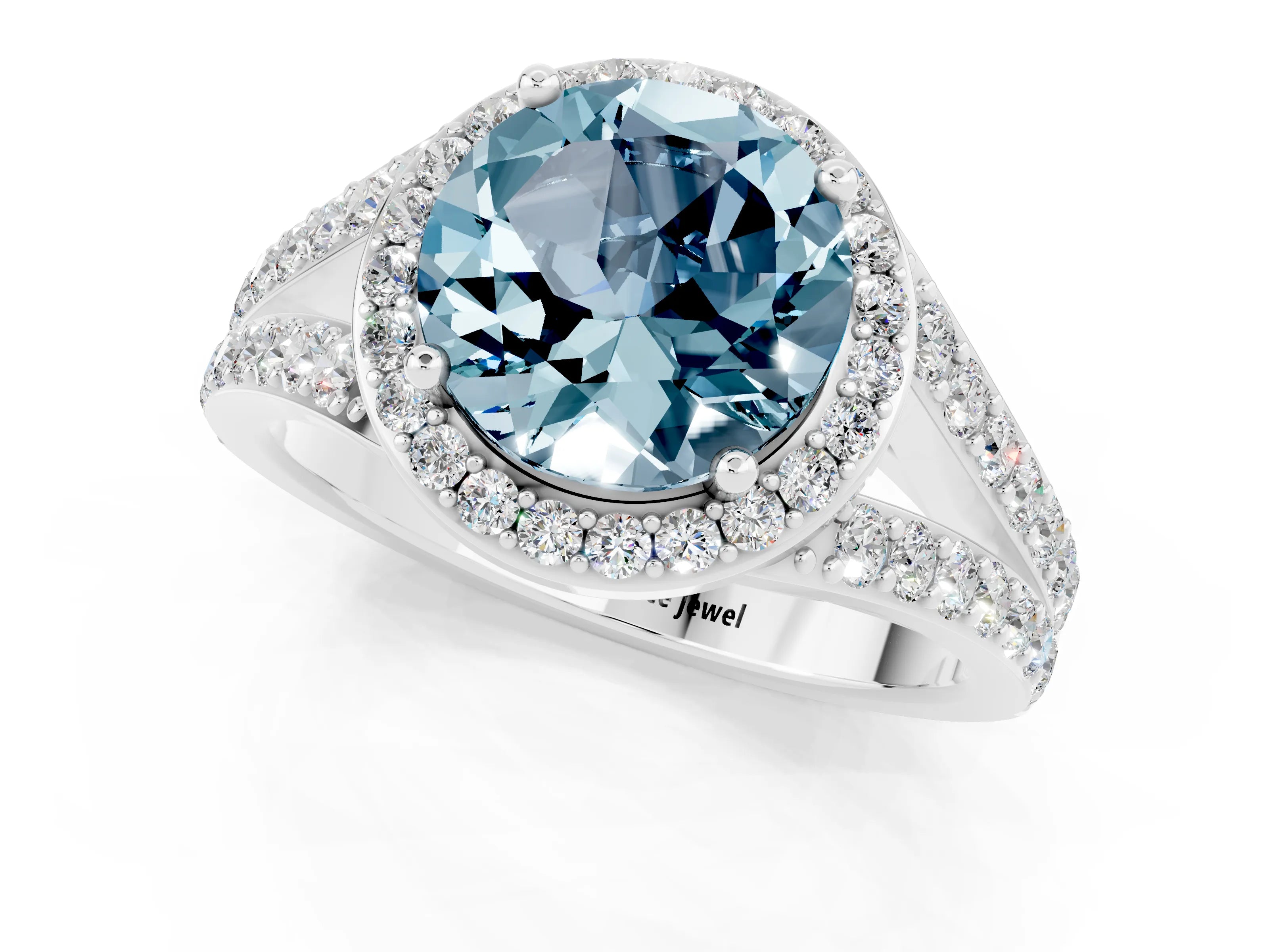 White gold Round Cut Aquamarine Split Shank Halo Ring with Four-Prong Setting_13