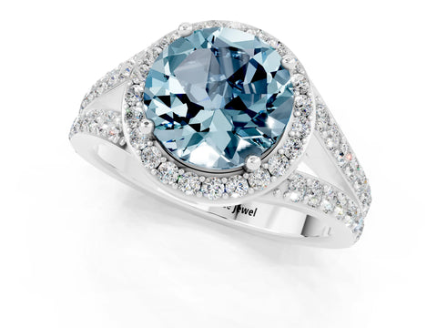 White gold Round Cut Aquamarine Split Shank Halo Ring with Four-Prong Setting_13