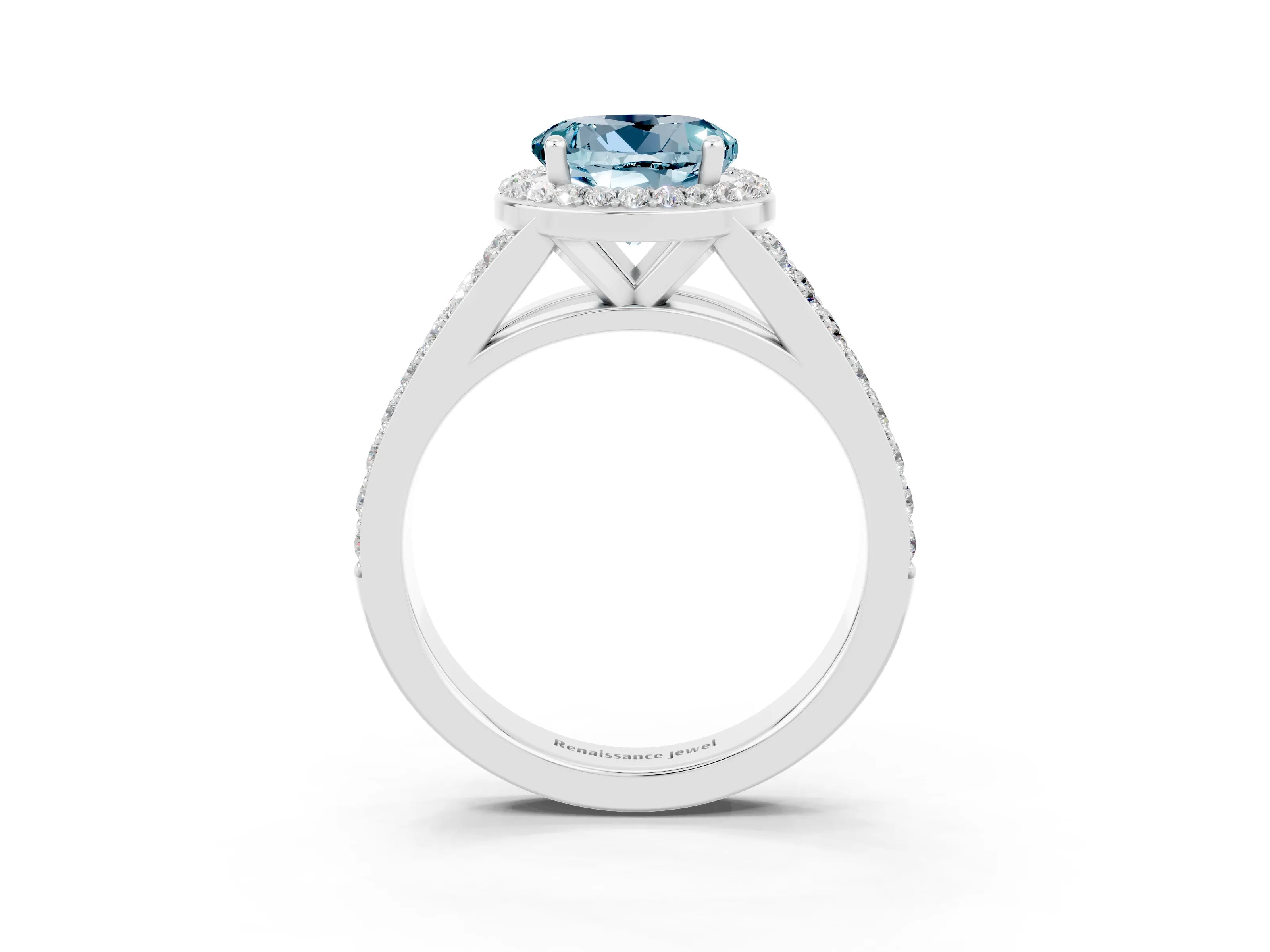 White gold Round Cut Aquamarine Split Shank Halo Ring with Four-Prong Setting_15