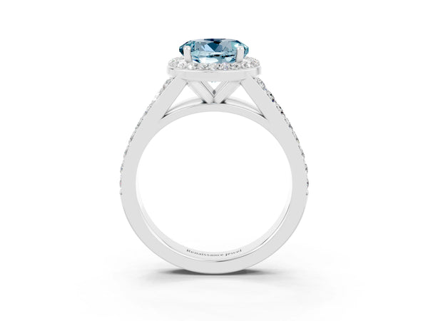 Silver Round Cut Aquamarine Split Shank Halo Ring with Four-Prong Setting