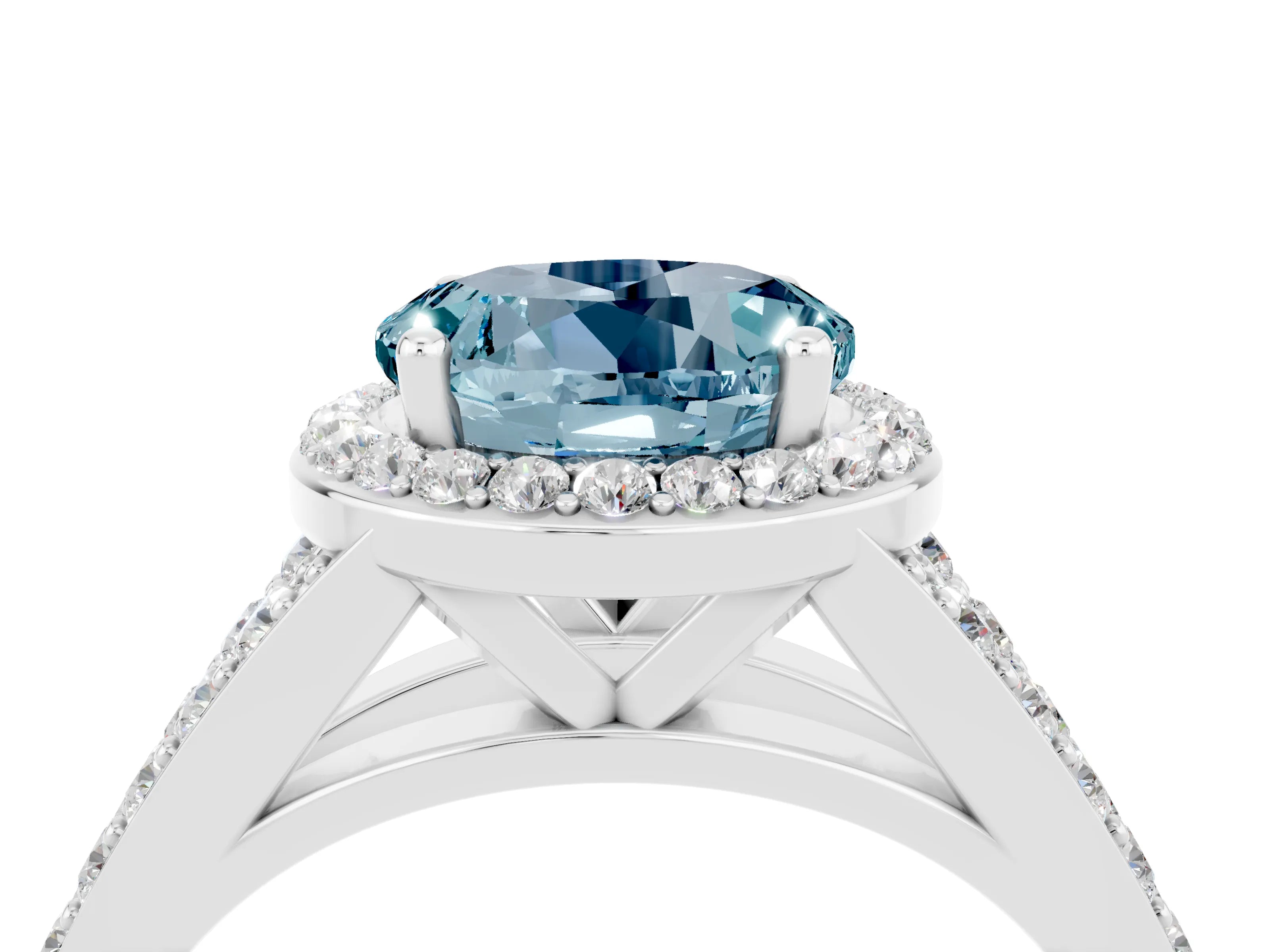 White gold Round Cut Aquamarine Split Shank Halo Ring with Four-Prong Setting_16