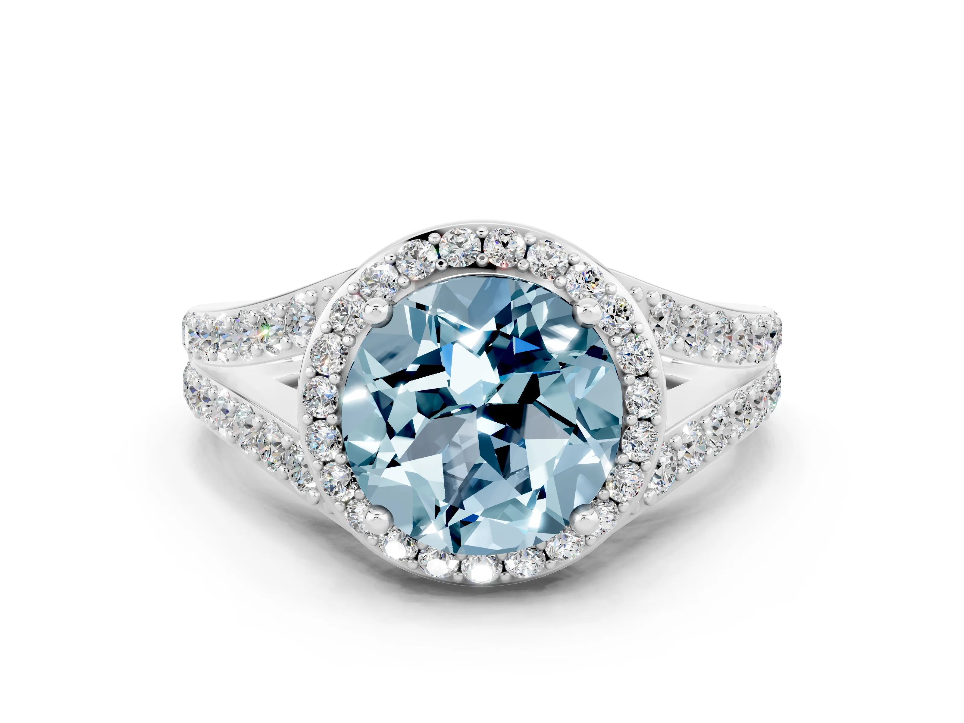 White gold Round Cut Aquamarine Split Shank Halo Ring with Four-Prong Setting_24