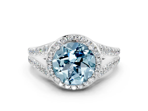 White gold Round Cut Aquamarine Split Shank Halo Ring with Four-Prong Setting