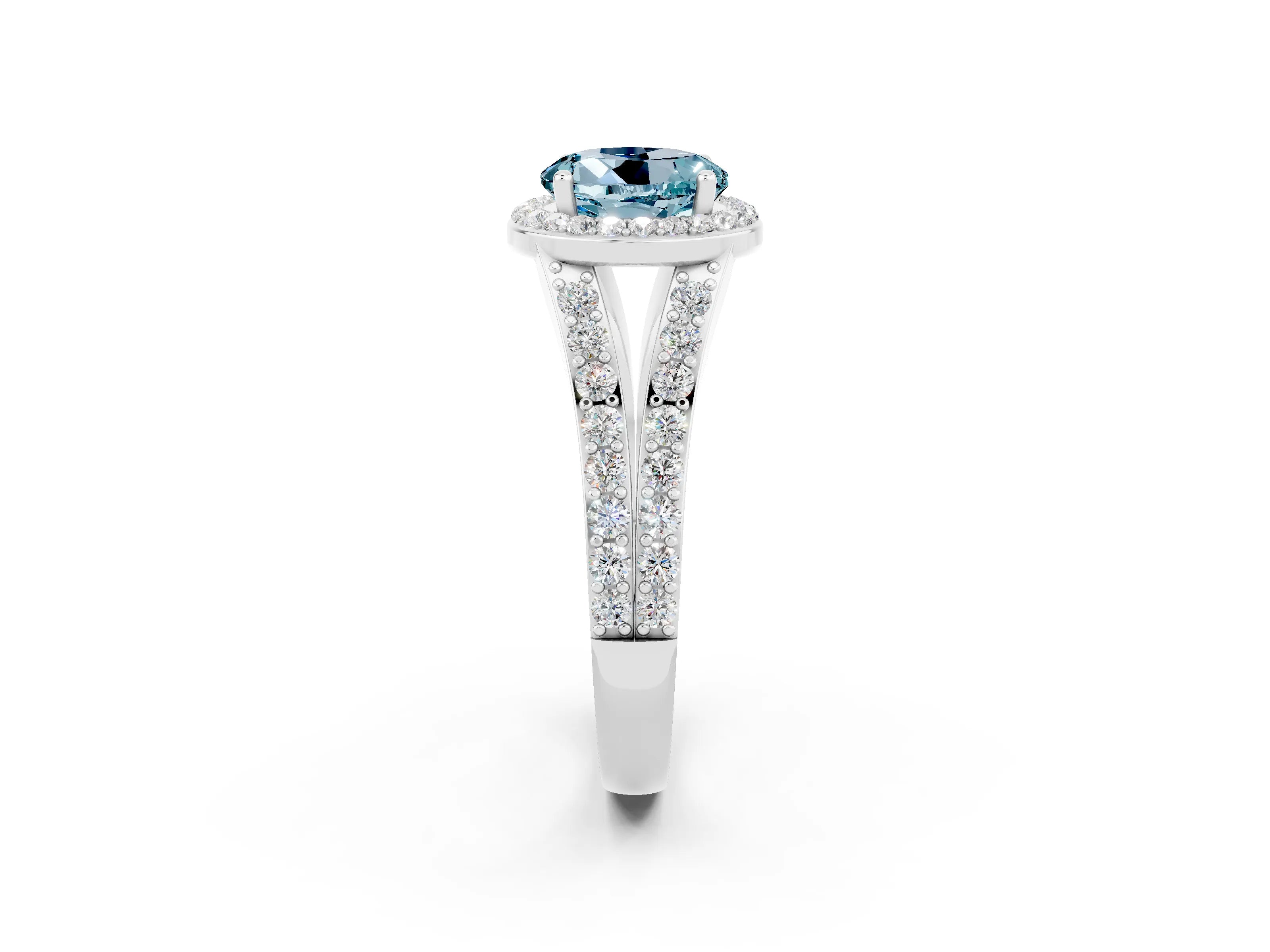 White gold Round Cut Aquamarine Split Shank Halo Ring with Four-Prong Setting_26