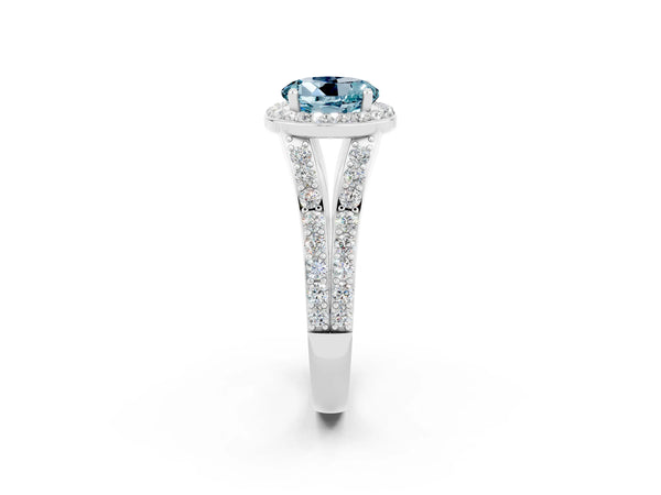 White gold Round Cut Aquamarine Split Shank Halo Ring with Four-Prong Setting